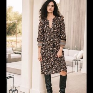 Cleobella Lotus Lolita Block Print Cotton Floral Ruffle Shoulder Midi Dress S